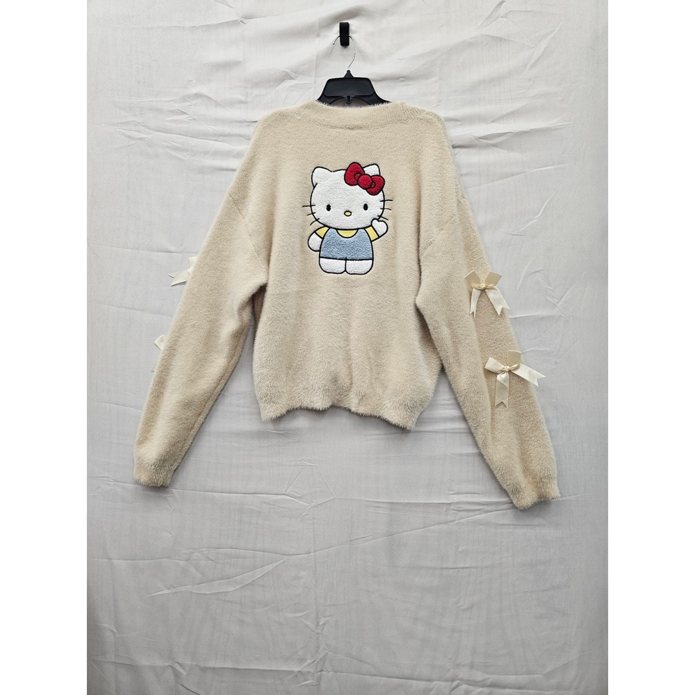 Sanrio Hello Kitty Fuzzy Cardigan Sweater Cream Bows XL KTHK016GLB NEW - Picture 2 of 7